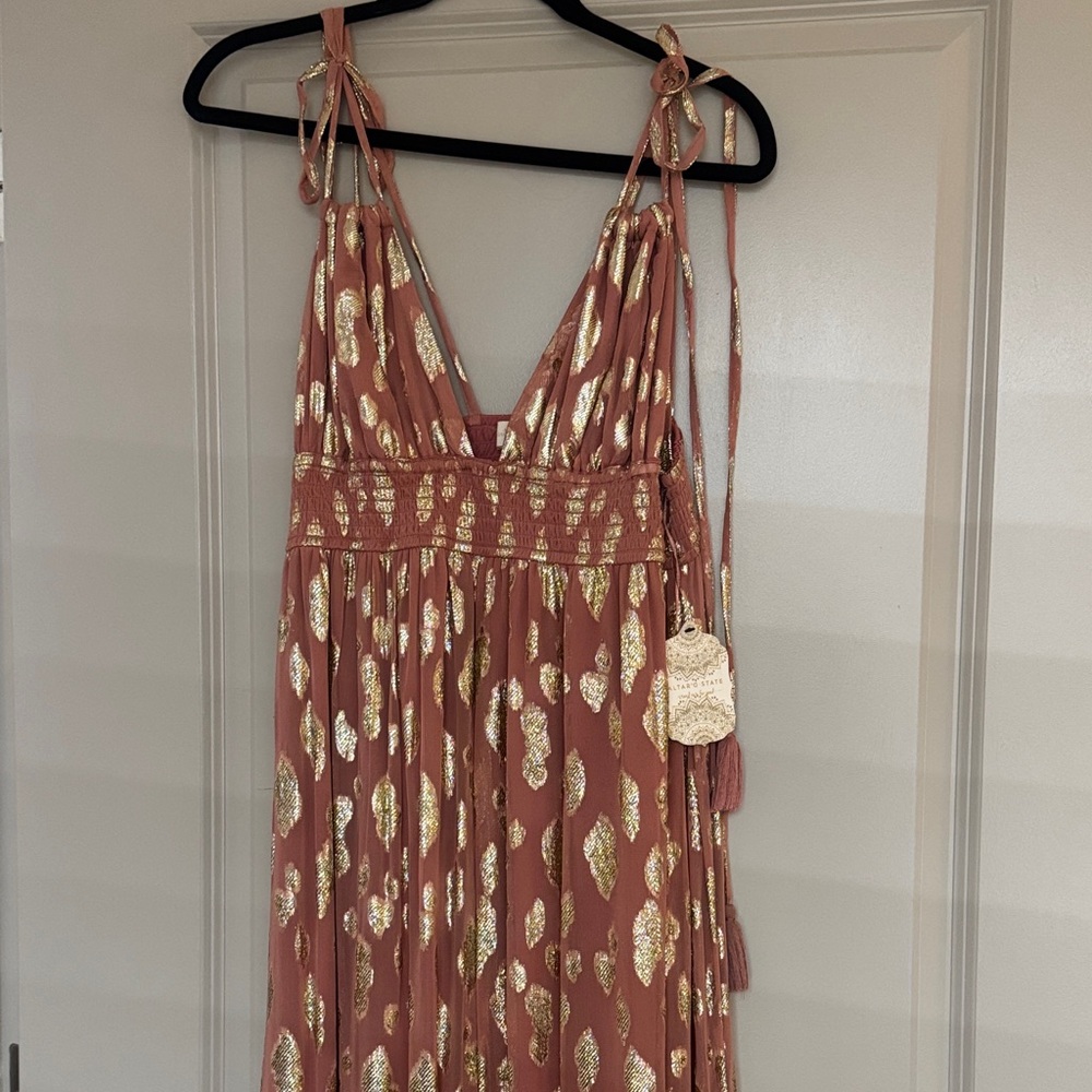 Altar'd State Rose Gold Metallic Leaf Maxi Dress